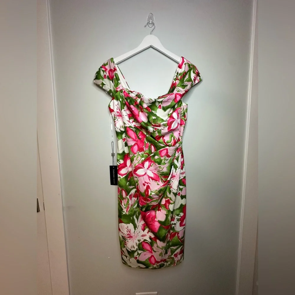 Tadashi Shoji  Floral Summer  Party Cocktail Tropical Midi Dress Size Medium - Picture 7 of 15